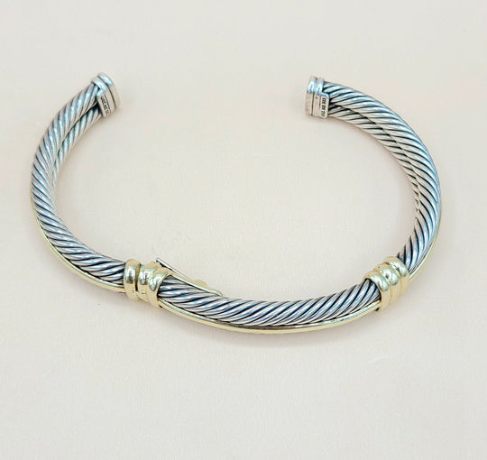 David Yurman Silver Gold Double Cable Hinged Bracelet