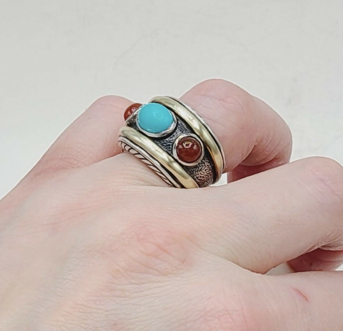 David Yurman Renaissance Carnelian Turquoise Ring Sterling Silver 14K Gold 17mm Size 7