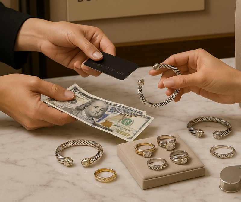 create an image of buying, selling and consigning David Yurman Jewelry