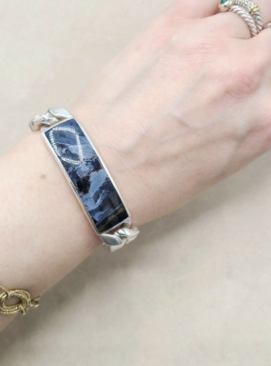 David Yurman Curb Chain ID Bracelet Pietersite Sterling Silver 15mm Medium