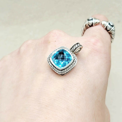 David Yurman Albion Blue Topaz Diamond Pendant Sterling Silver 0.23 TCW