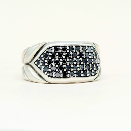 David Yurman Chevron Pavé Black Diamond Signet Ring Sterling Silver 0.74 TCW Size 9