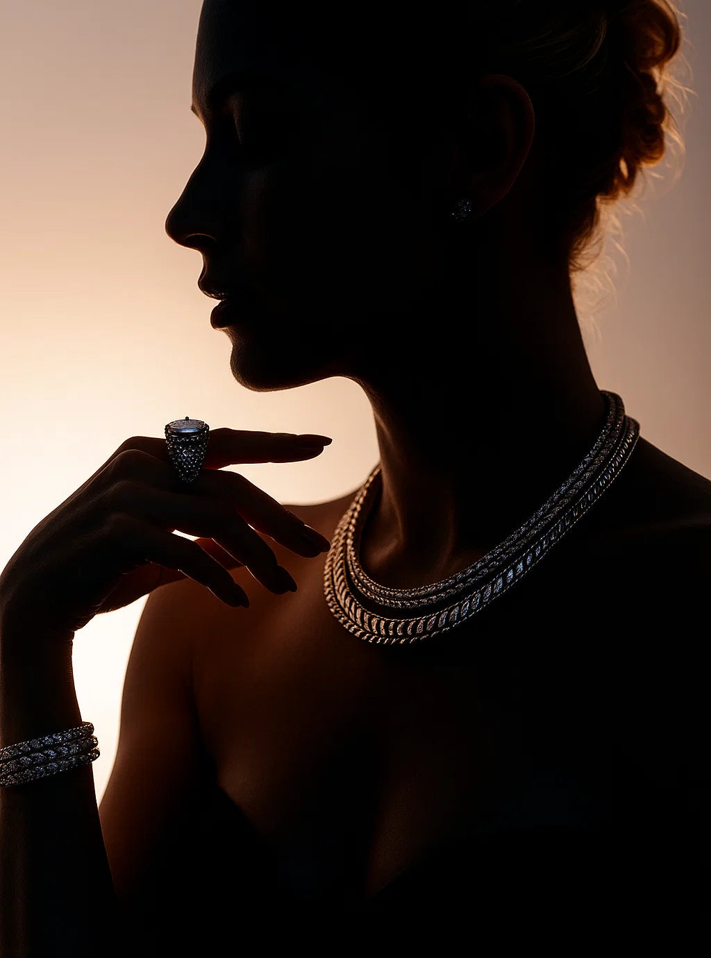 Silhouette of a person wearing jewelry with 'AYW Luxury' branding.