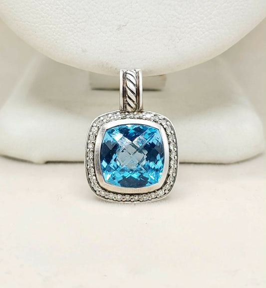 David Yurman Albion Blue Topaz Diamond Pendant Sterling Silver 0.23 TCW