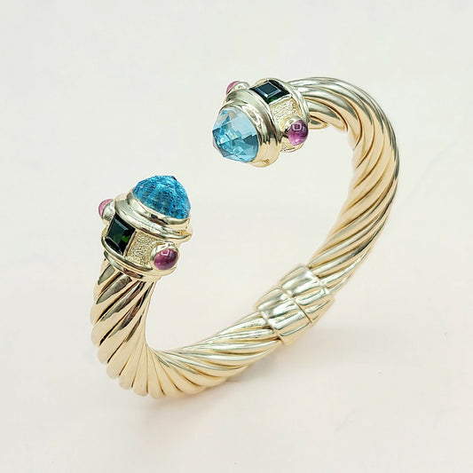 David Yurman 10mm Renaissance Bracelet With Blue Topaz Green and Pink Tourmaline in 14k Gold