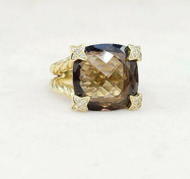  David Yurman 15mm Smoky Quartz Cushion Ring 18K Gold & Diamonds