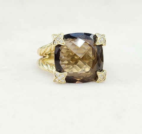  David Yurman 15mm Smoky Quartz Cushion Ring 18K Gold & Diamonds