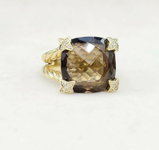 David Yurman 15mm Smoky Quartz Cushion on Point Ring With Diamonds in 18k Gold