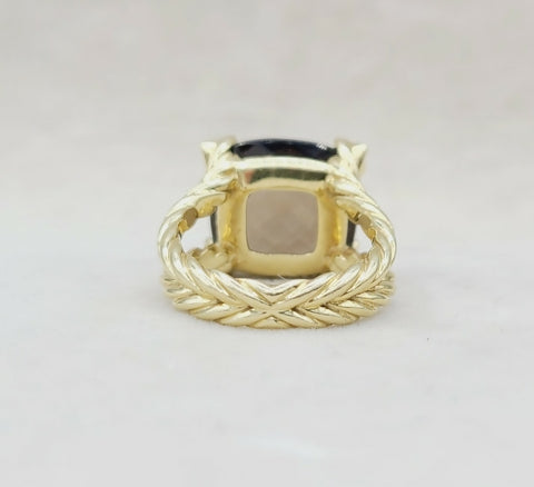  David Yurman 15mm Smoky Quartz Cushion Ring 18K Gold & Diamonds