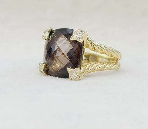  David Yurman 15mm Smoky Quartz Cushion Ring 18K Gold & Diamonds