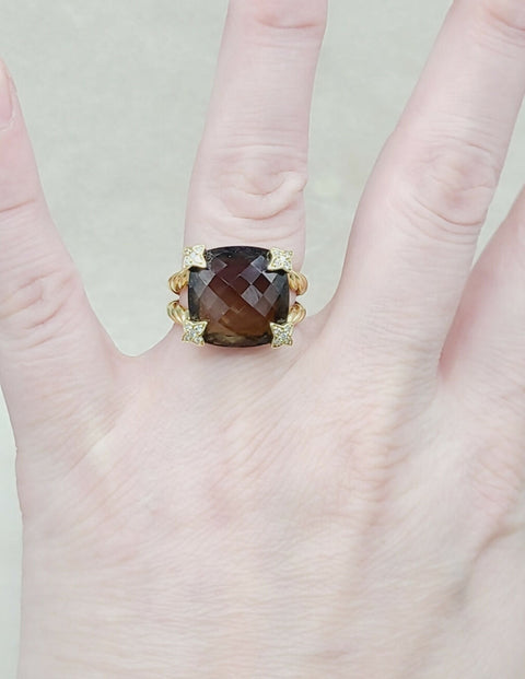 David Yurman 15mm Smoky Quartz Cushion Ring 18K Gold & Diamonds