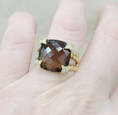  David Yurman 15mm Smoky Quartz Cushion Ring 18K Gold & Diamonds