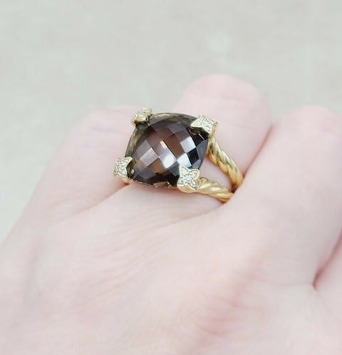  David Yurman 15mm Smoky Quartz Cushion Ring 18K Gold & Diamonds