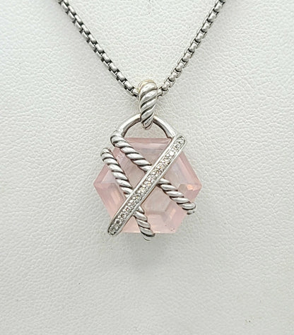 David Yurman 16mm Rose Quartz Cable Wrap Necklace With Diamonds