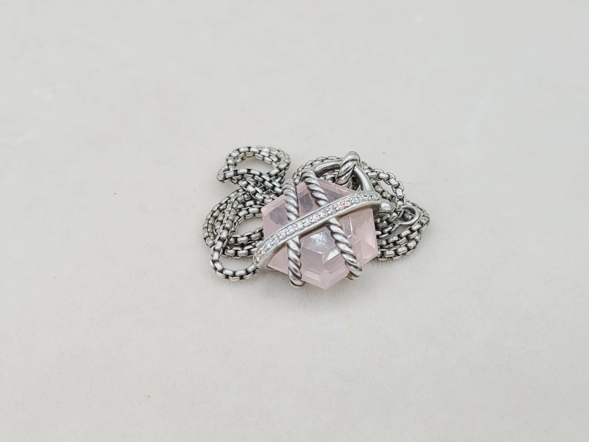 David Yurman 16mm Rose Quartz Cable Wrap Necklace With Diamonds