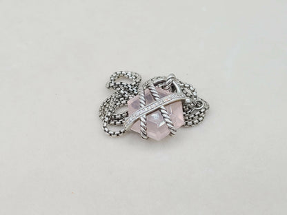 David Yurman 16mm Rose Quartz Cable Wrap Necklace With Diamonds