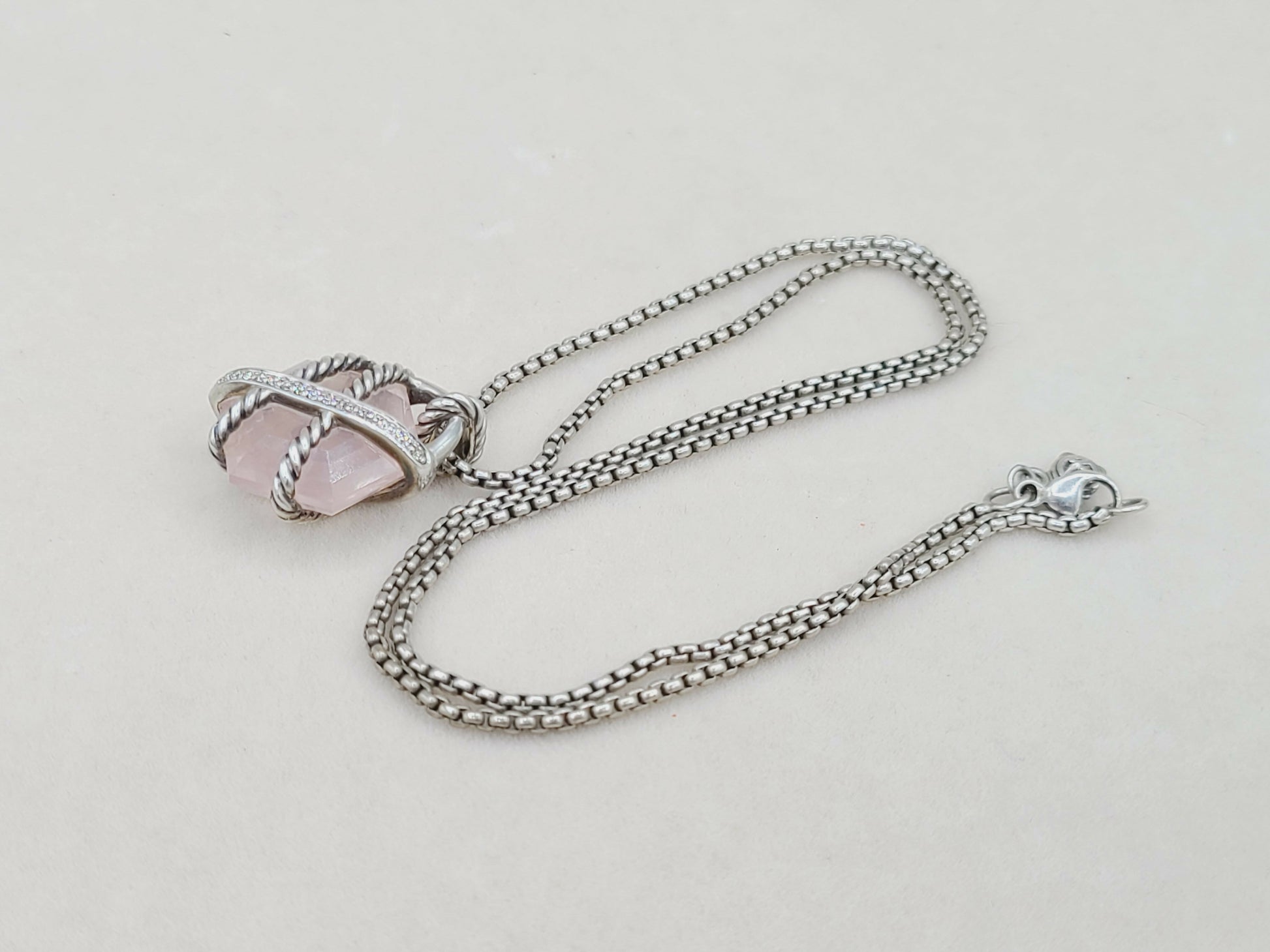 David Yurman 16mm Rose Quartz Cable Wrap Necklace With Diamonds