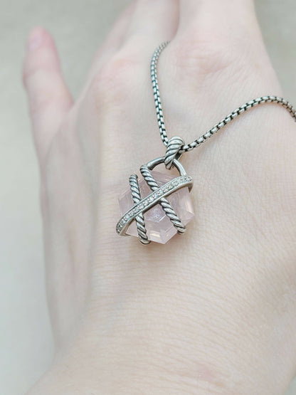 David Yurman 16mm Rose Quartz Cable Wrap Necklace With Diamonds