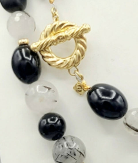  David Yurman 18k Gold Necklace – Onyx, Quartz & Pyrite