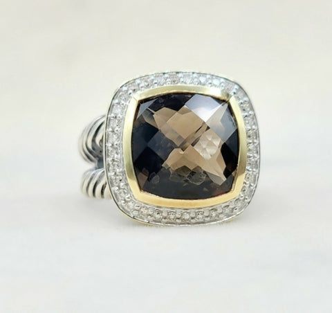  David Yurman Albion 11mm Smoky Quartz Gold & Diamond Ring