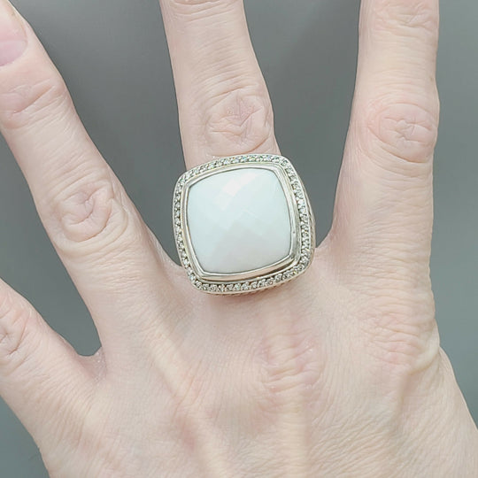  David Yurman Albion 20mm White Agate & Diamond Ring-