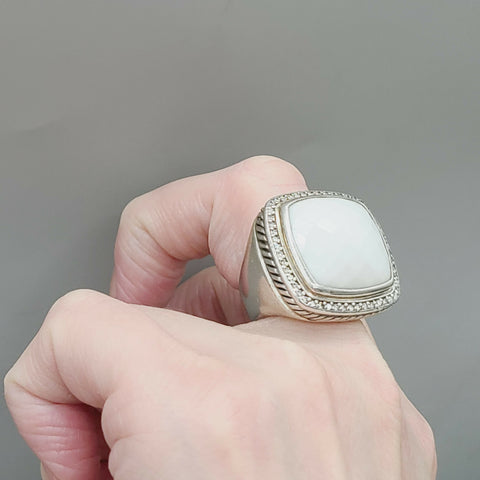  David Yurman Albion 20mm White Agate & Diamond Ring-