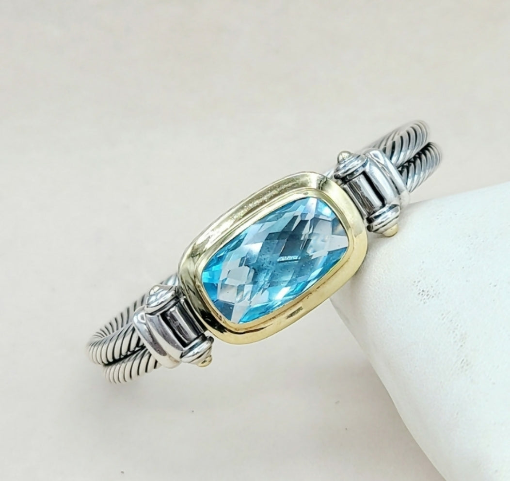 David Yurman Albion Elongated Double Cable Bracelet With Blue Topaz And Gold