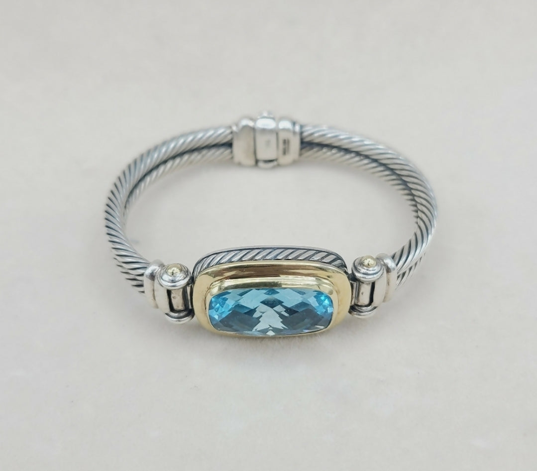 David Yurman Albion Elongated Double Cable Bracelet With Blue Topaz And Gold