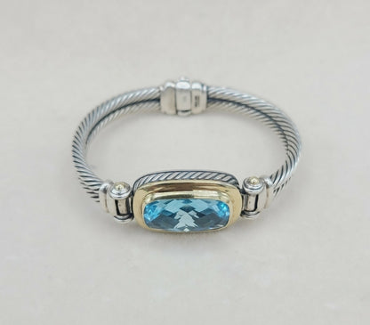 David Yurman Albion Elongated Double Cable Bracelet With Blue Topaz And Gold