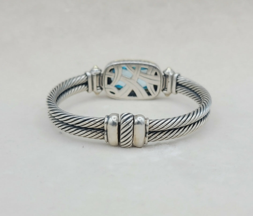 David Yurman Albion Elongated Double Cable Bracelet With Blue Topaz And Gold 