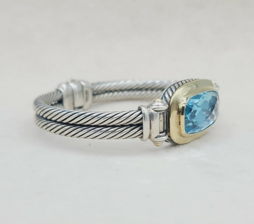 David Yurman Albion Elongated Double Cable Bracelet With Blue Topaz And Gold