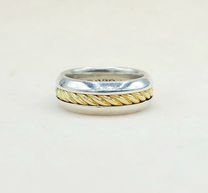 	David Yurman Cable Inset Band Ring Sterling Silver with 18K Yellow Gold, 8mm
