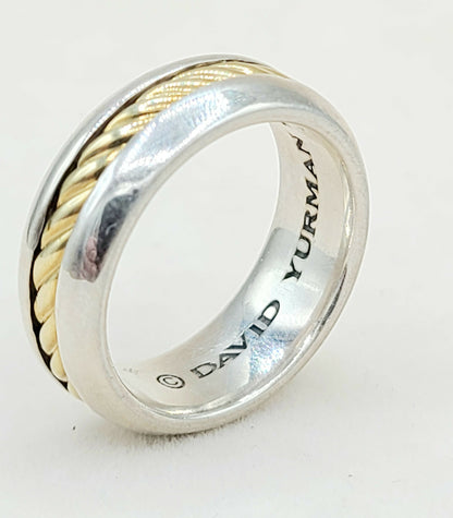 	David Yurman Cable Inset Band Ring Sterling Silver with 18K Yellow Gold, 8mm