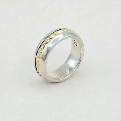 	David Yurman Cable Inset Band Ring Sterling Silver with 18K Yellow Gold, 8mm