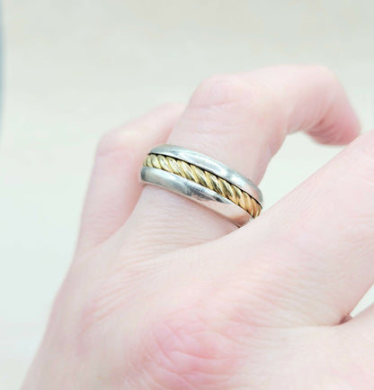 	David Yurman Cable Inset Band Ring Sterling Silver with 18K Yellow Gold, 8mm