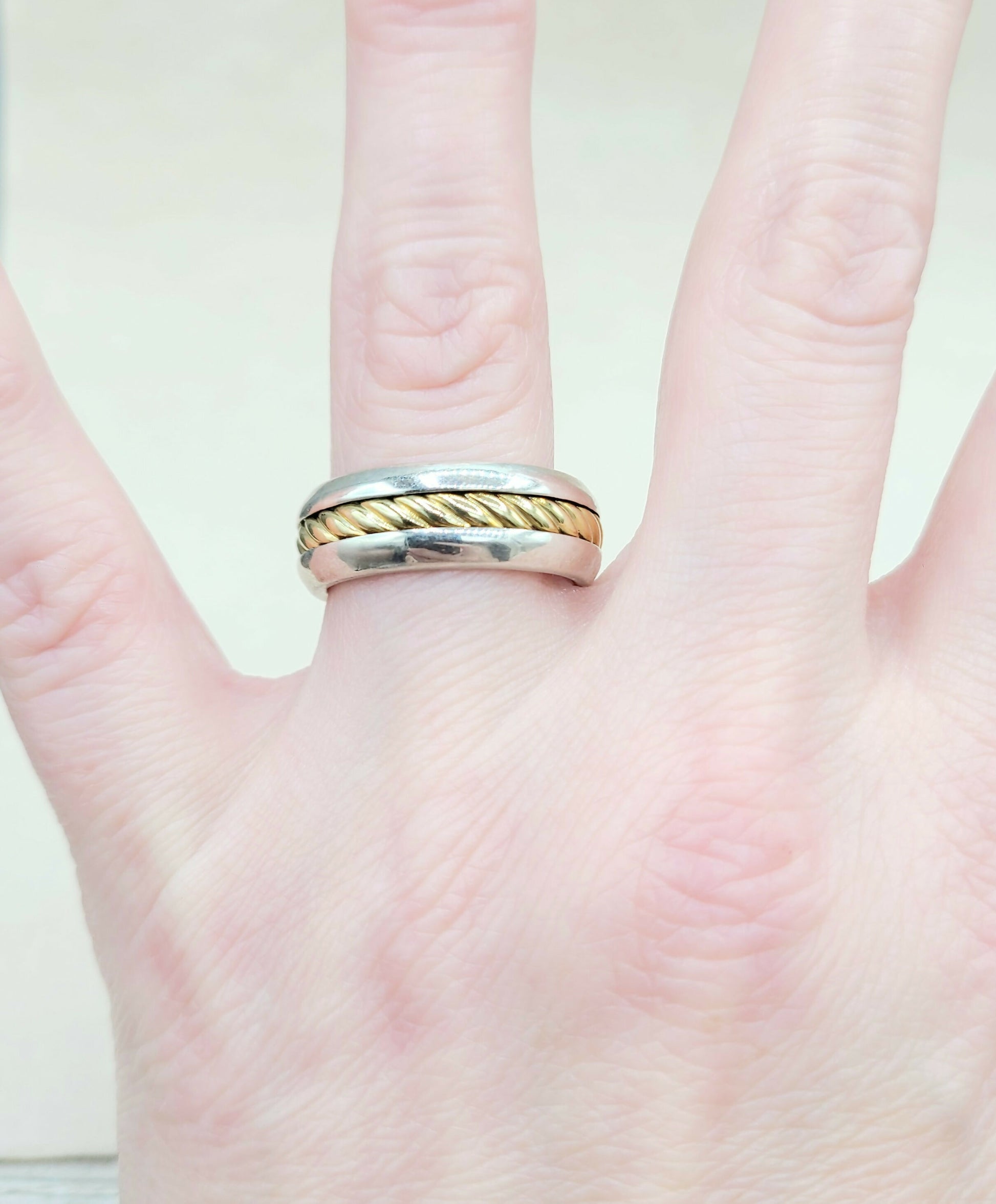	David Yurman Cable Inset Band Ring Sterling Silver with 18K Yellow Gold, 8mm