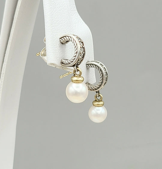  David Yurman Cable Drop Earrings Pearls & Diamonds