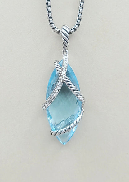 David Yurman Cable Wrap Blue Topaz Diamond Pendant Certified Pre-Owned    #
