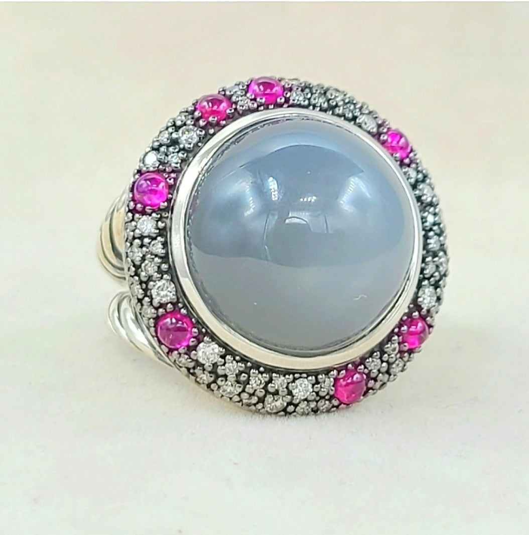 David Yurman Cerise Midnight Melange Ring With Moonstone, Ruby and Diamonds
