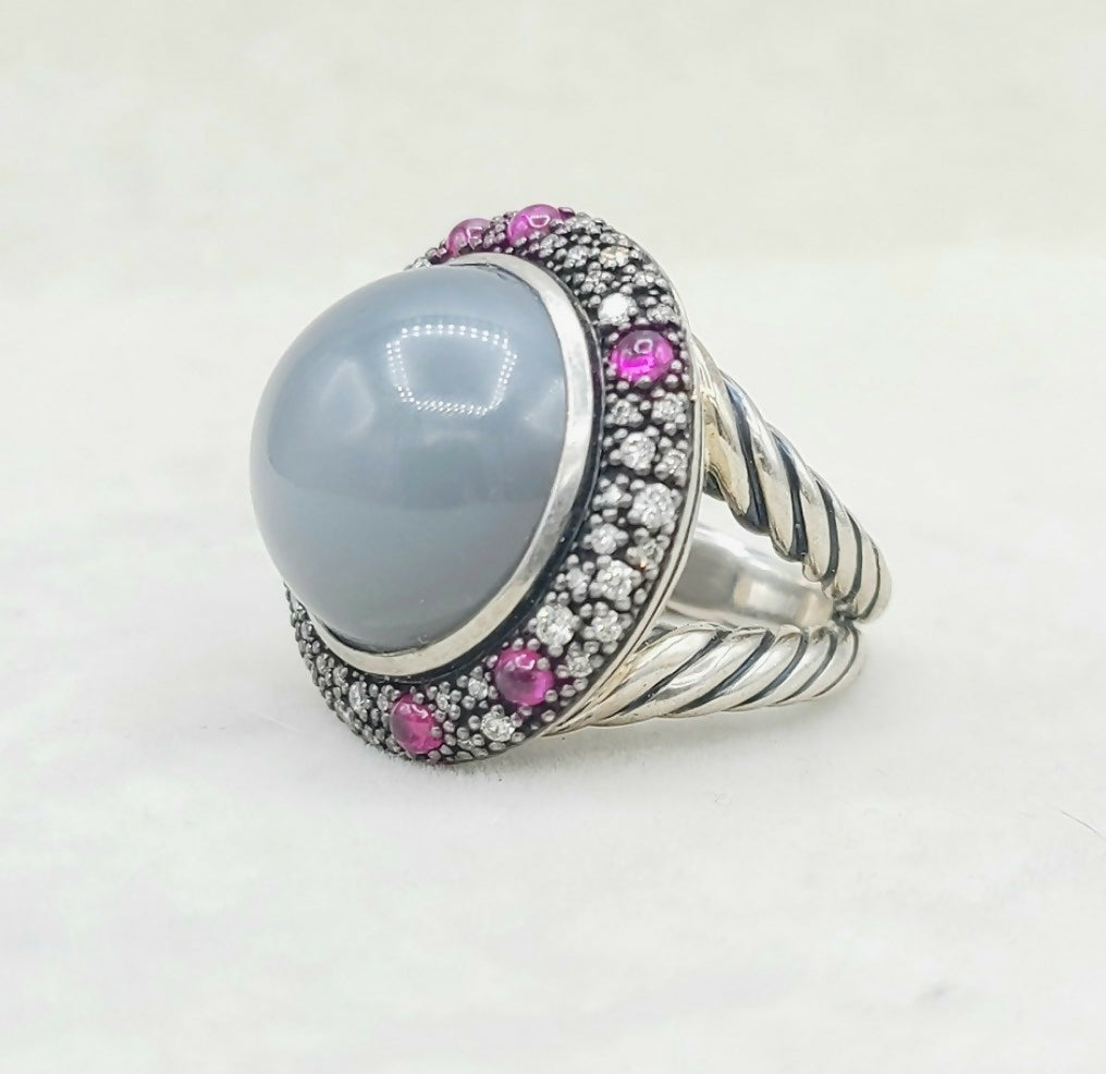 David Yurman Cerise Midnight Melange Ring With Moonstone, Ruby and Diamonds