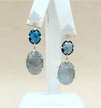 David Yurman Chatelaine Convertible Drop Earrings Labradorite, Hampton Blue Topaz, and White Moonstone  AYW Luxury