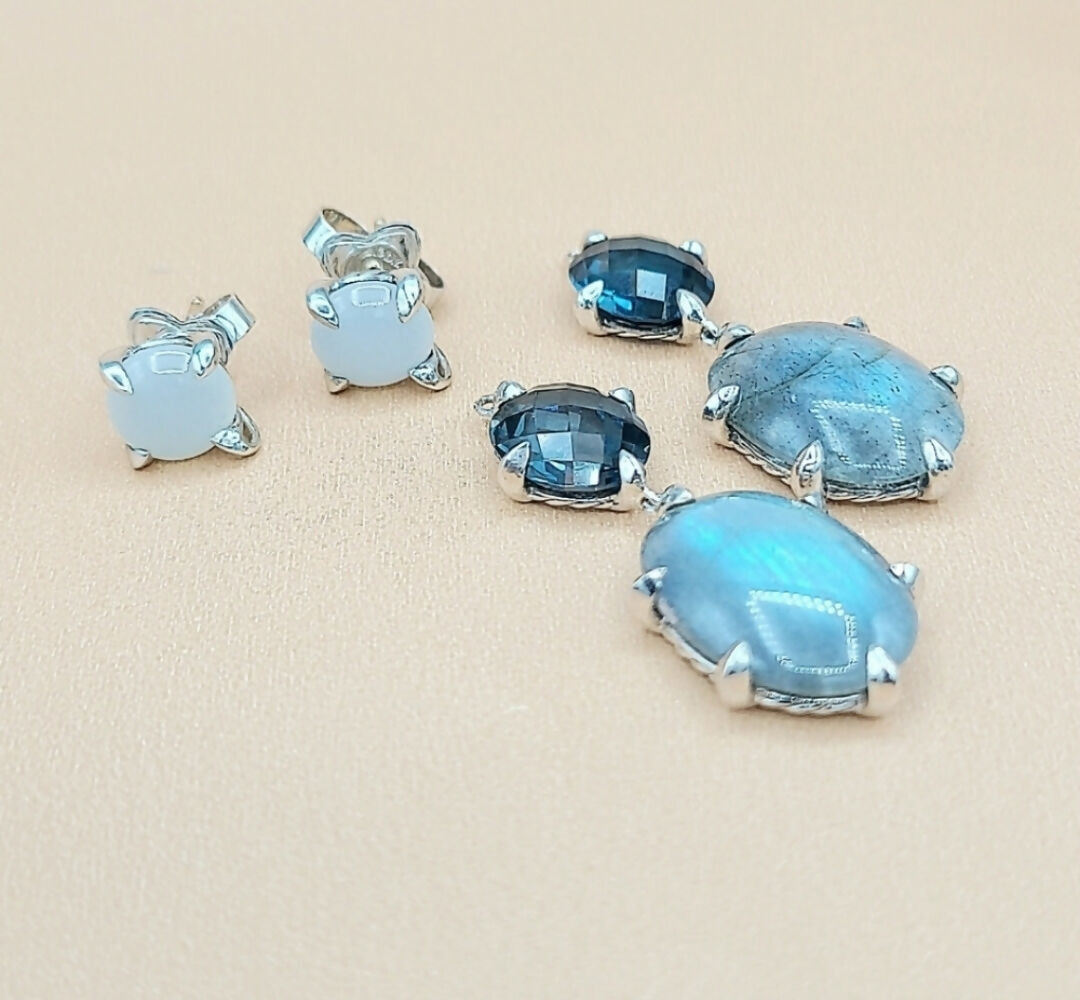 David Yurman Chatelaine Convertible Drop Earrings Labradorite, Hampton Blue Topaz, and White Moonstone  AYW Luxury