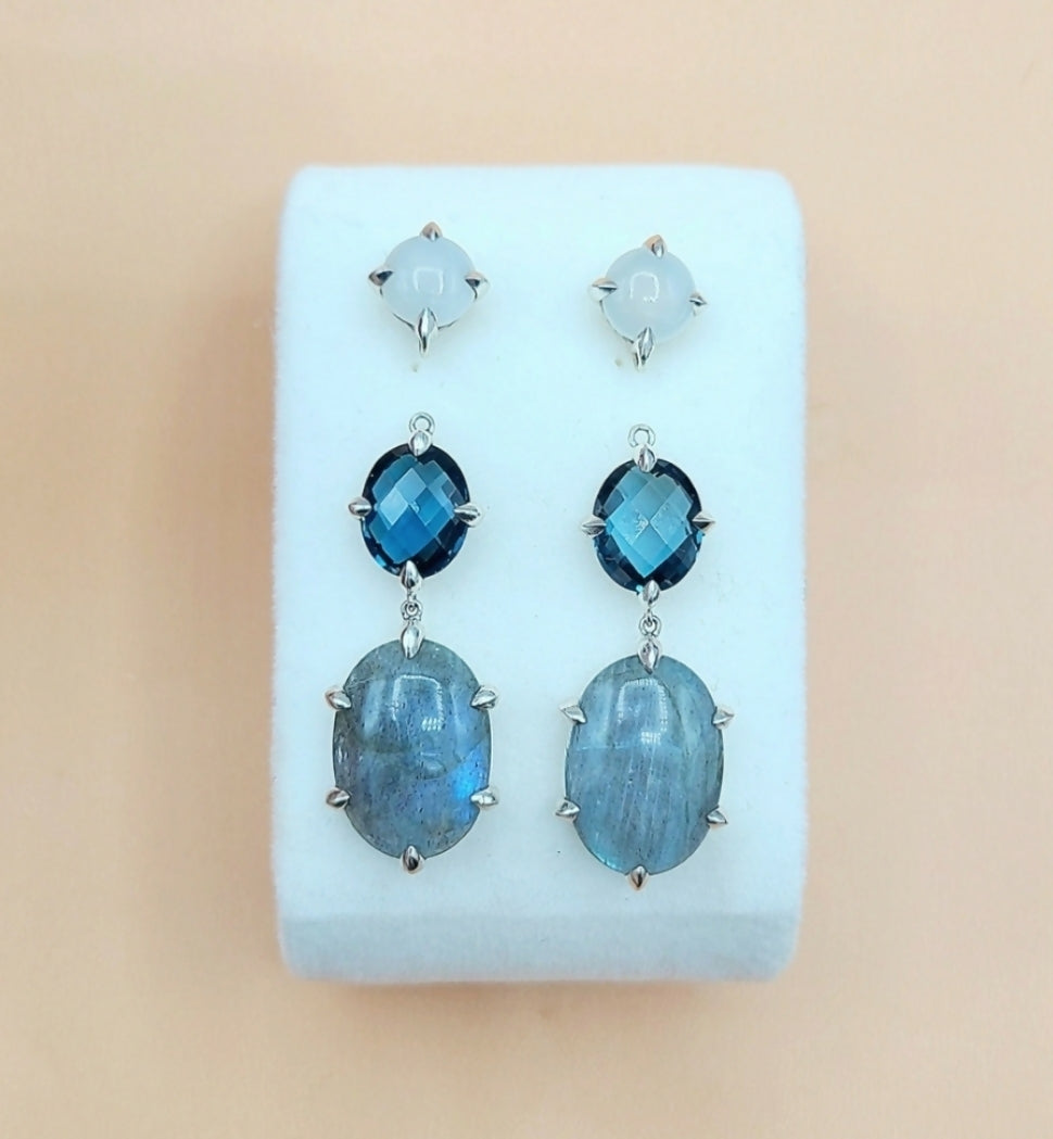 David Yurman Chatelaine Convertible Drop Earrings Labradorite, Hampton Blue Topaz, and White Moonstone  AYW Luxury