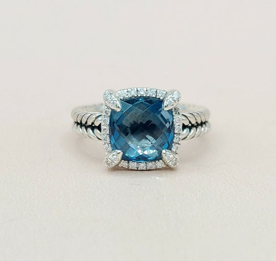  David Yurman Chatelaine Pavé Diamond Bezel  Blue Topaz Ring
