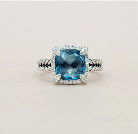 David Yurman Chatelaine Pavé Diamond Bezel  Blue Topaz Ring