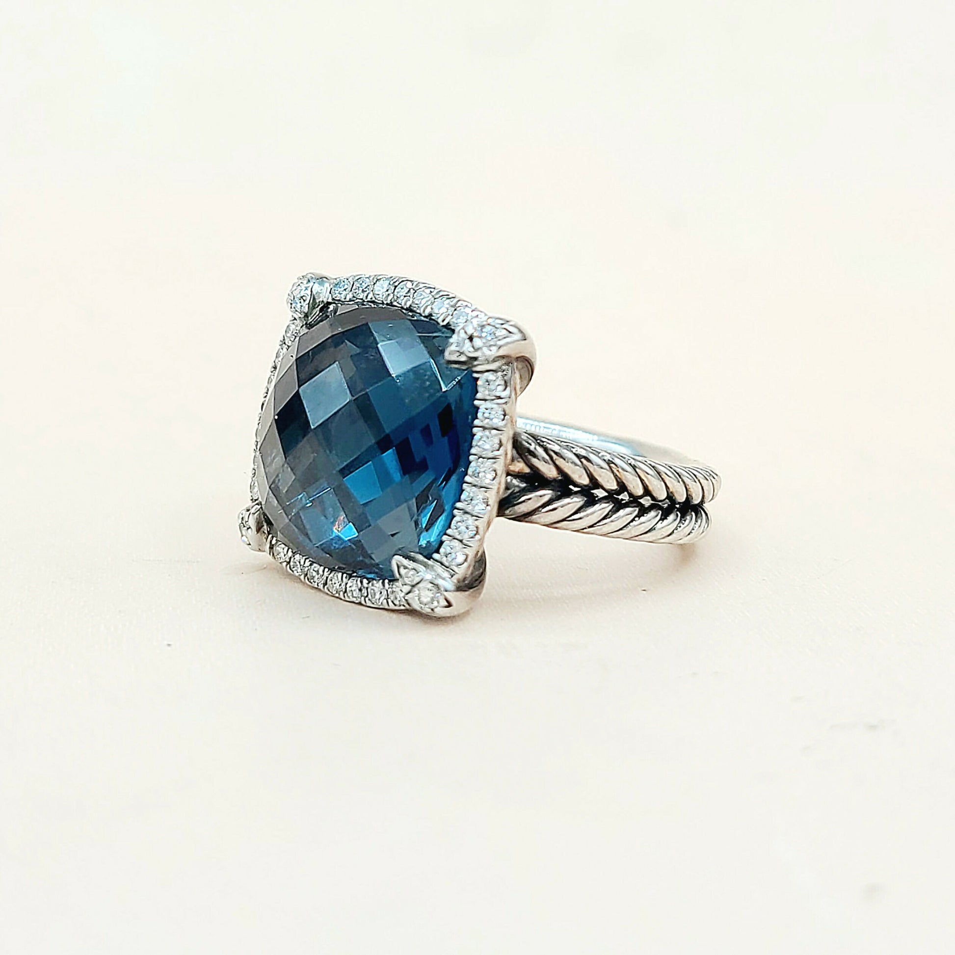 David Yurman Chatelaine Ring Hampton Blue Topaz & Diamond  AYW Luxury #