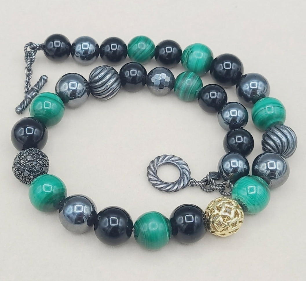 David Yurman Elements Malachite Hematite Black Onyx Bead Necklace