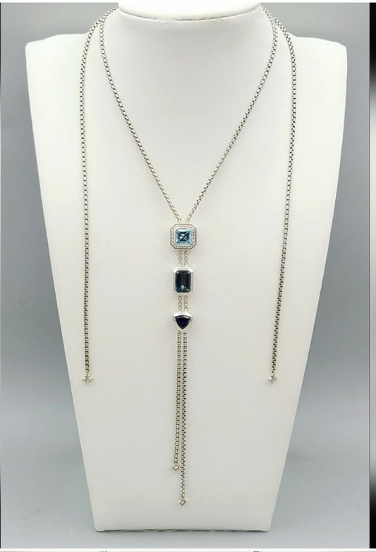 David Yurman Novella Y Necklace With Blue Topaz And Pave Diamonds