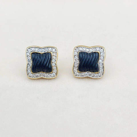  David Yurman Quatrefoil Carved Onyx Diamond Earrings Gold