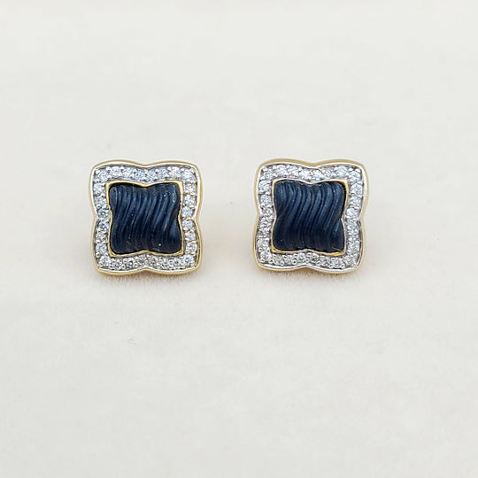  David Yurman Quatrefoil Carved Onyx Diamond Earrings Gold